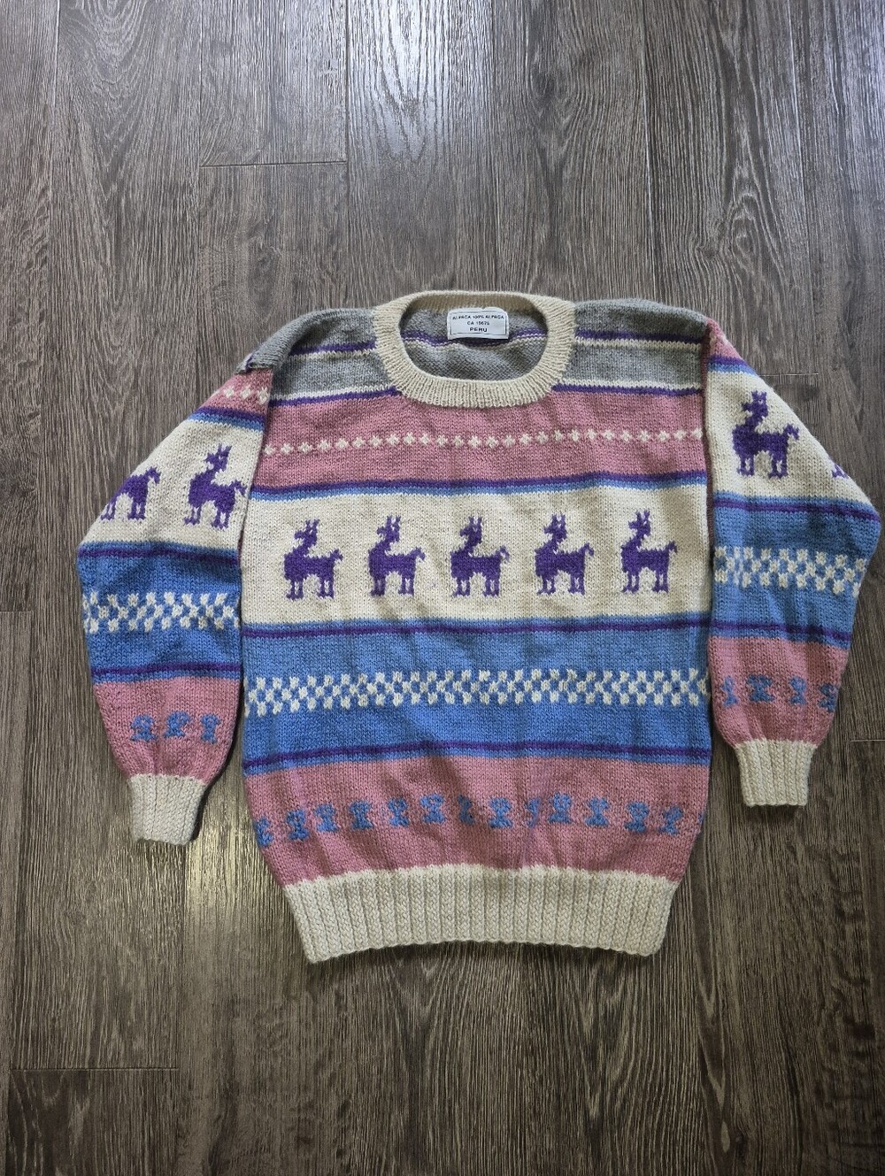Hand Crafted Cream Crewneck Sweater with Purple Alpaca Motif & Pink-Blue Stripes